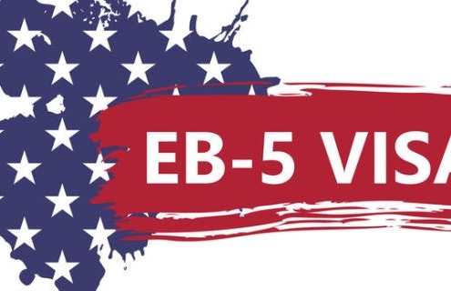 banner in the form of an abstract American flag with text of EB-5 Visa