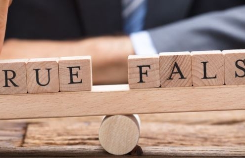 Midsection of businessman with true and false wooden blocks on seesaw at desk