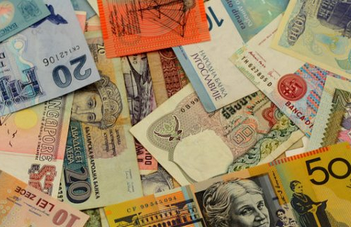 Background with international banknotes from Europe, Asia, Oceania