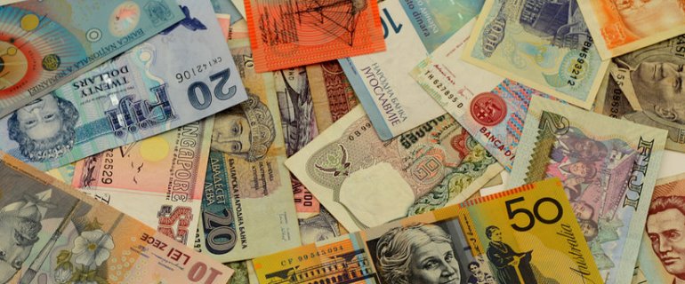Background with international banknotes from Europe, Asia, Oceania